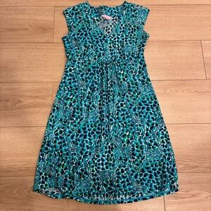 Lilly Pulitzer Blue Green V-neck Cotton Giraffe Short Sleeve Mini Dress Size XS